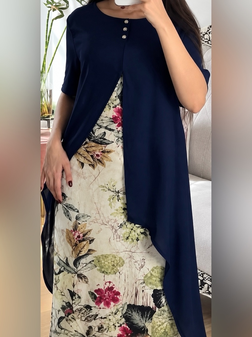 Navy Overlay Floral Cotton Linen Maxi Dresses Casual Short Sleeve new